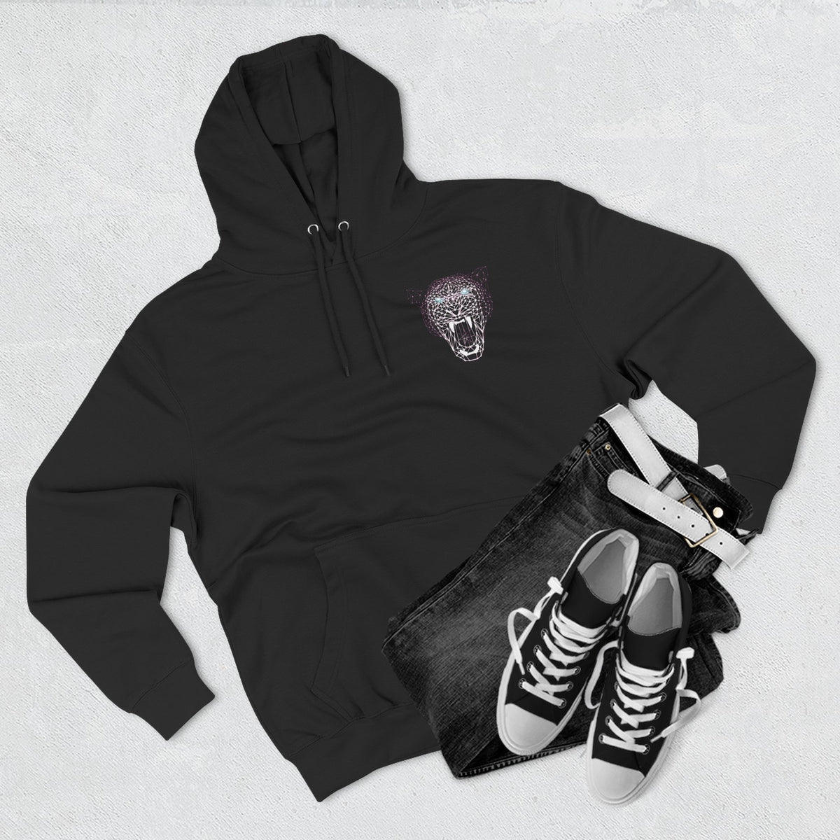 Roaring Geometric Panther Hoodie — Futuristic Wireframe Cat Graphic